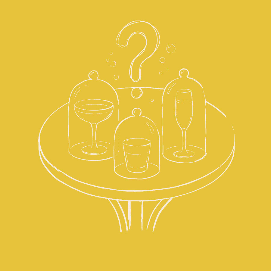 Three glasses under cloches with a question mark — the mystery fourth tap