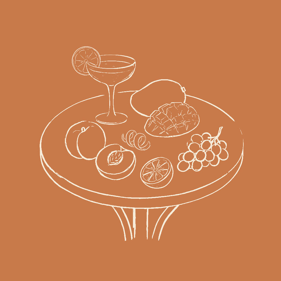 Line drawing of the Peach and Mango Lambrusco ingredients on a café table