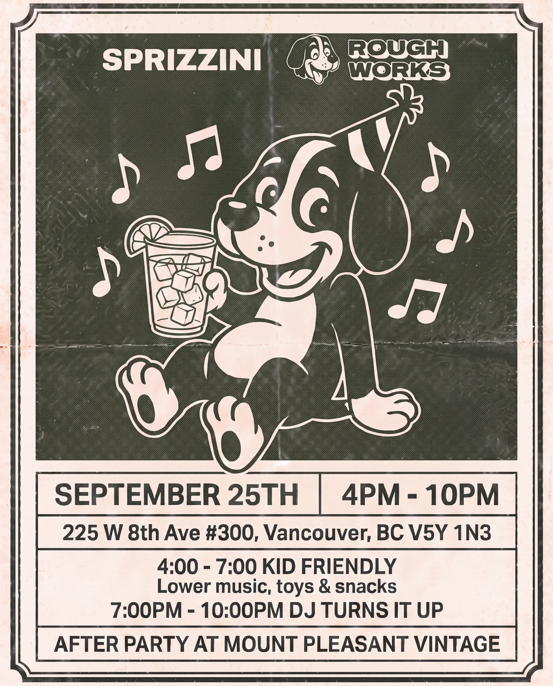 Event poster: Sprizzini × Rough Works, September 25th, 4PM–10PM, 225 W 8th Ave #300, Vancouver. Kid friendly 4 to 7, DJ 7 to 10, after party at Mount Pleasant Vintage.